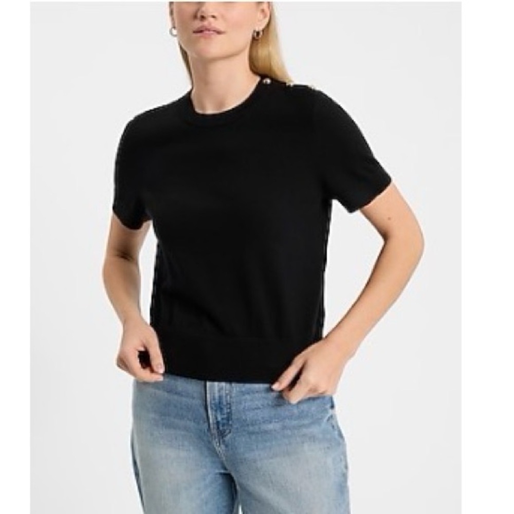 Express  Skimming Novelty Button Shoulder Short Sleeve Sweater Tee. Size M
